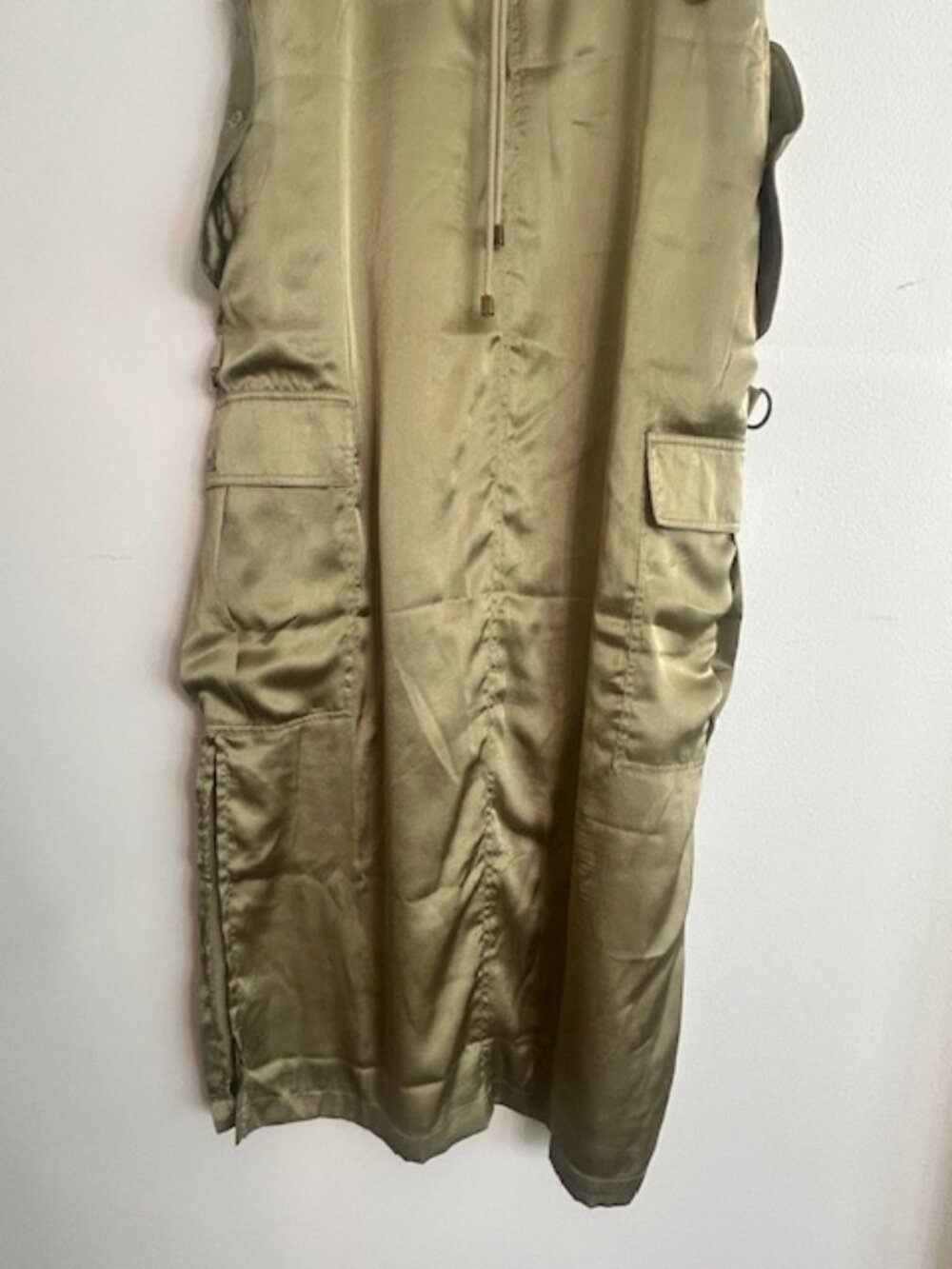 Anthropologie Love The Label Moss Green Utility Strap SatinJumper Midi Dress NWT - Picture 9 of 16